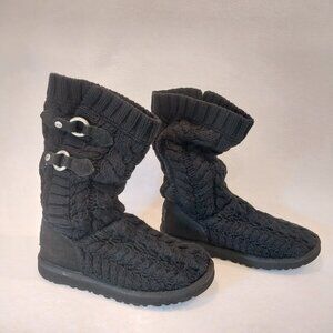 UGG Boots Womens 7 Black Cable Knit Sweater Lattice Cardy Tall 3177 Casual Comfy